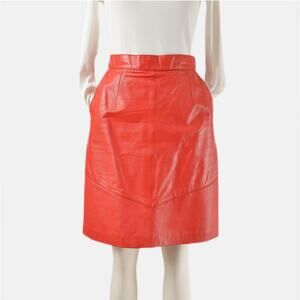 Vintage 80s Red Leather High Waisted Fitted Pencil Skirt with Pockets S